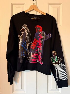 DKNY Black Crewneck Sweater with Multicolor Graphic Figures Size Large